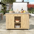thumbnail image 2 of Outdoor Kitchen Island with Stainless Steel Top and Drop Leaf, Large Storage Outdoor Kitchen Island with Storage and Wheels, for Outdoor Cooking, Natural Wood, 2 of 9
