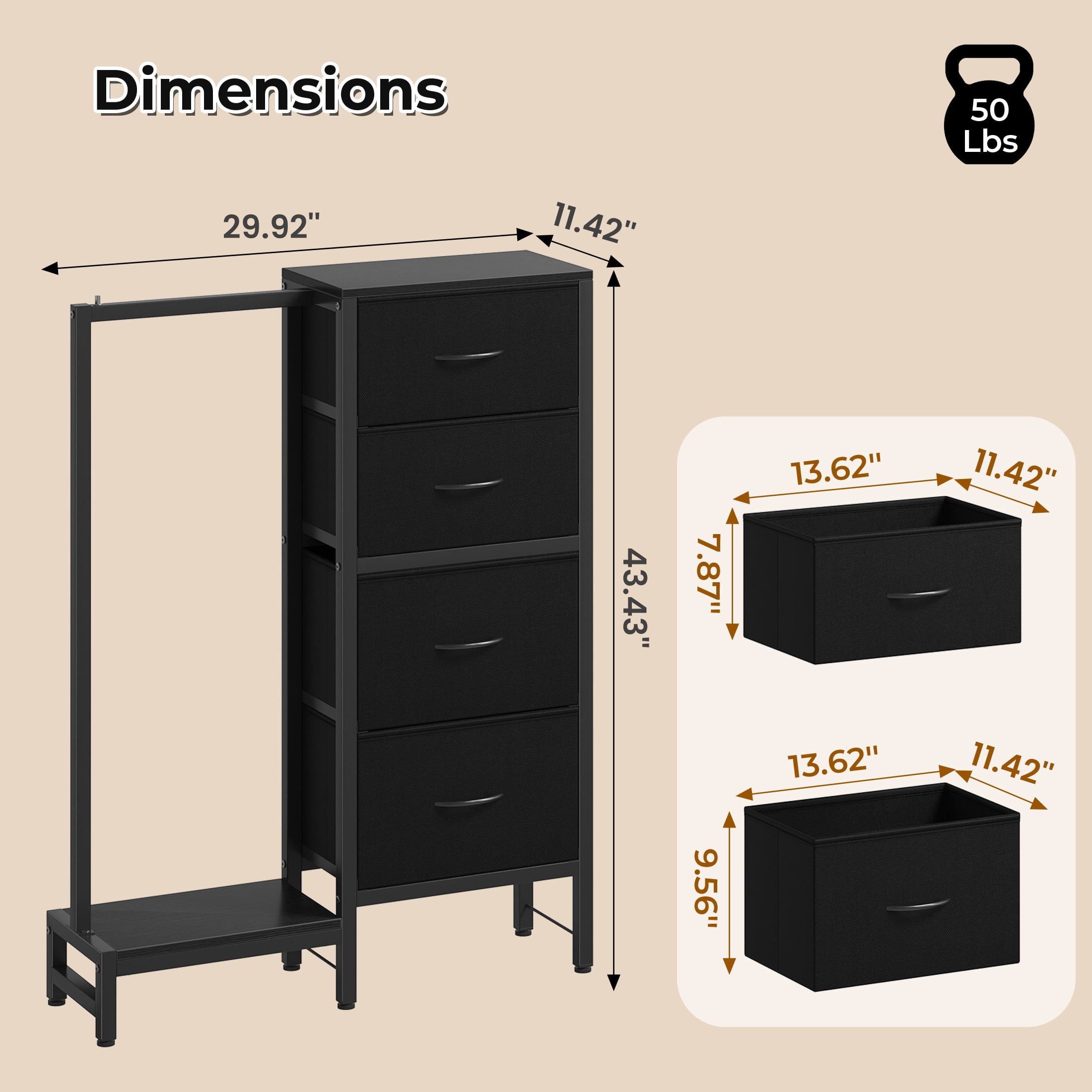 EDX 44"H Dresser with Hanging Rack, 4 Drawers Small Closet for Bedroom, Can be assembled by flipping left and righte Clothes Rack, Sturdy Frame, Black