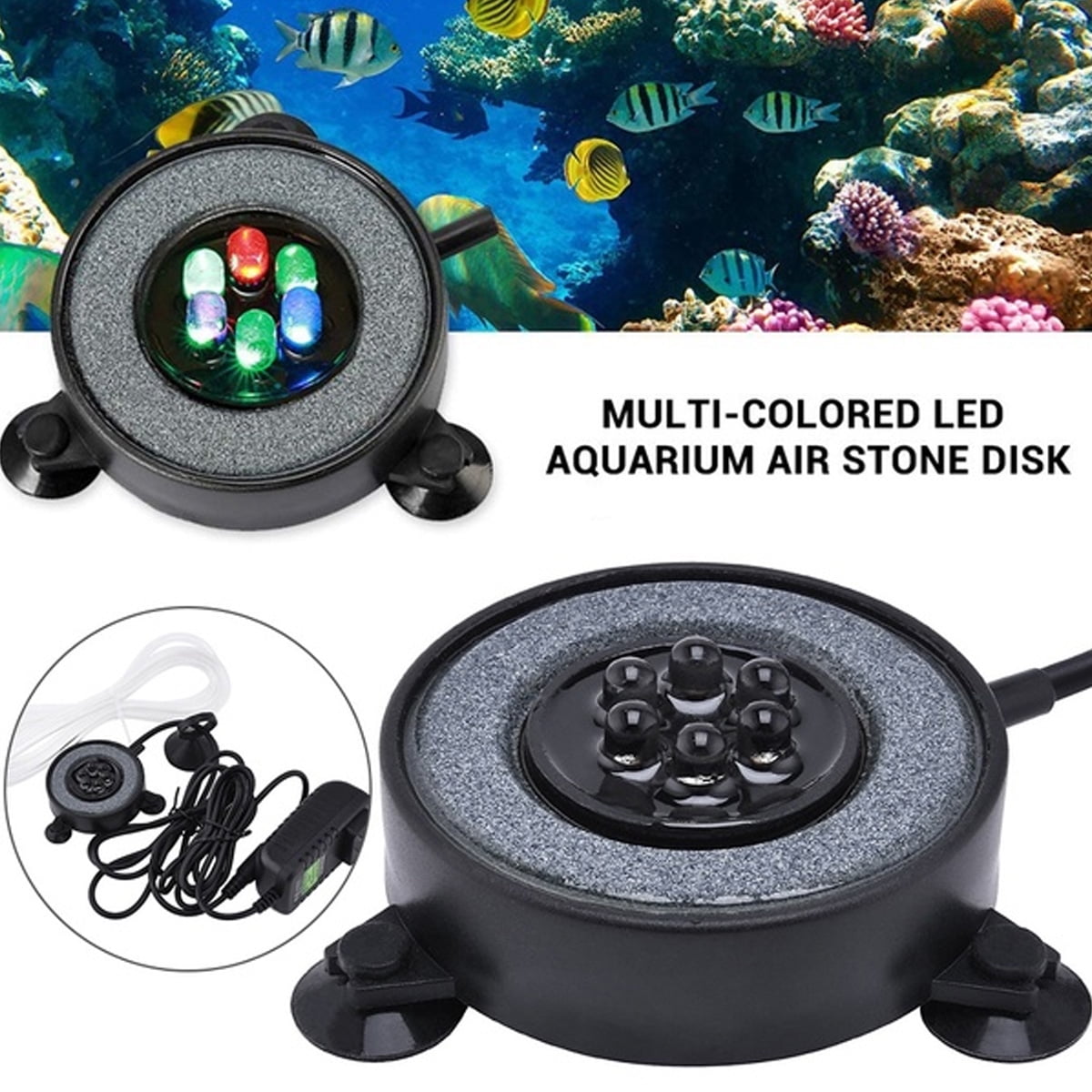 Indoor Aquarium LED Air Stone Bubble Lamp Disk Round Fish Tank Bubbler
