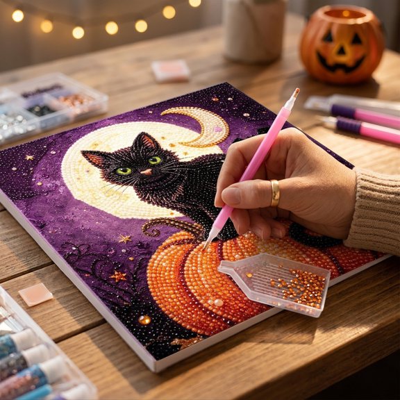 Halloween Diamond Art Kits For Adults Clearance, DIY Pearl Diamond Art, Hanging Ornament For Halloween Front Door Decor, DIY Fall Home Decor Wall Art, Halloween DIY Gift (C)