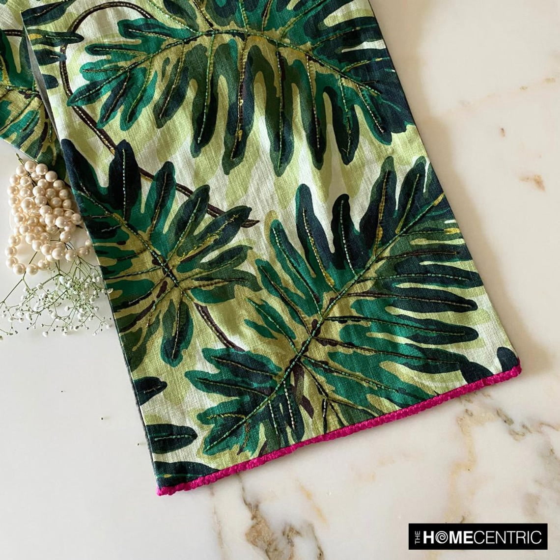 Tropical Printed Cotton Table Runner with Bead Embroidery and Lace Green Printed Cotton 14 x 72 inch long, Wedding Decor Table Linen Modern Table Runner - Tropically