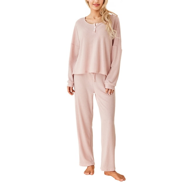 xiaxaixu Women's 2 Piece Lounge Set Pajama Set Long Sleeve Button Knit Tops Drawstring Pants Sleepwear Sets