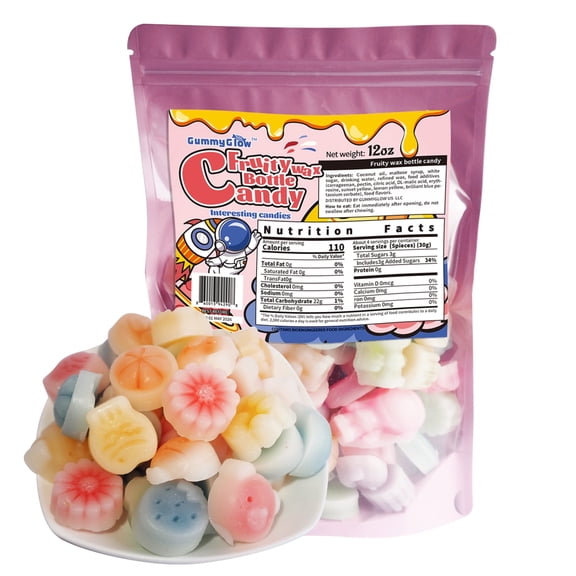GummyGlow Wax Bottle Candy 12 oz, Chewy Edible Wax Bottles with Sweet Liquid Center, Assorted Fruit Flavors, Nostalgic Candy Gif