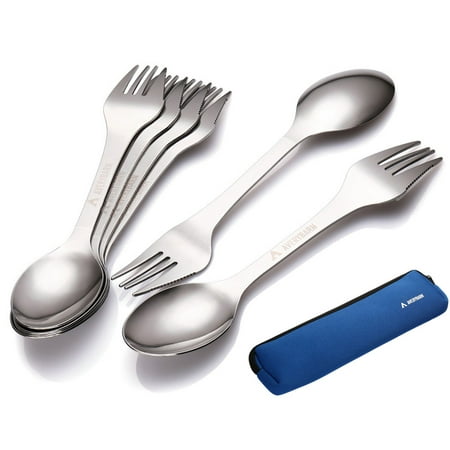 Track Fork Kit - Avery Barn 6pc All-In-One Camping Utensils Cutlery Set - Spork Stainless Steel - Survival Gear Supplies for Backpacking Hiking Compact Mess Kit - 3-in-1 Fork Knife Spoon with Travel Case