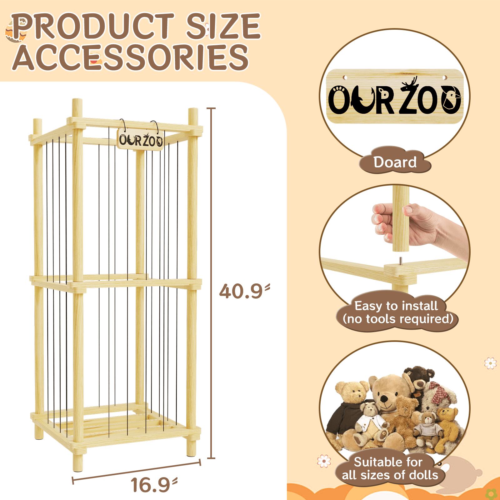 Stuffed Animal Zoo Storage Cage, 41'' Extra Large Toy Storage Bin Display for Kids Room, Playroom, Plushies, Stuffy, Toys Organizer Holder Basket, Wood