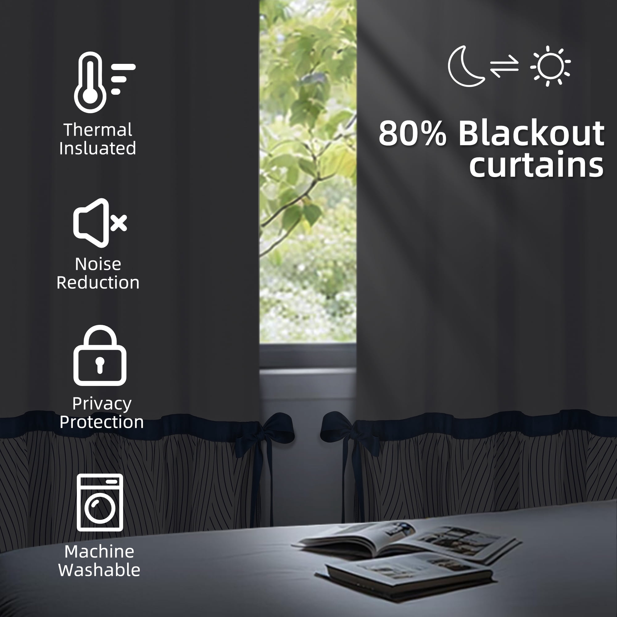Alishomtll Blackout Curtains 63 Inch Length Color Block Blue Stripe Bow Design Thermal Insulated Window Drapes for Bedroom Living Room,52"x 63", 2 Panels