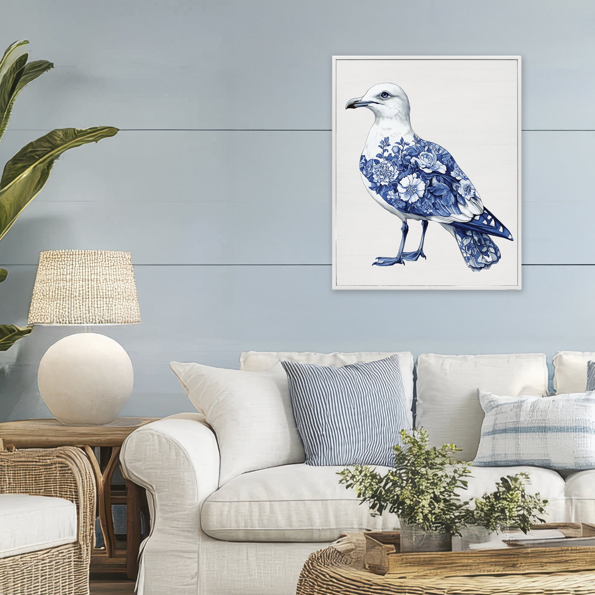 Funky Toile Seagull White Framed Giclee Art, design by Lettered and Lined