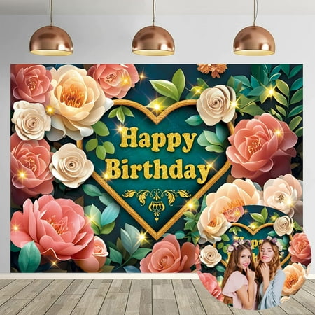 Sage Green Happy Birthday Backdrop Pink Floral Photography Background for Women Sage Green Birthday Decorations Supplies