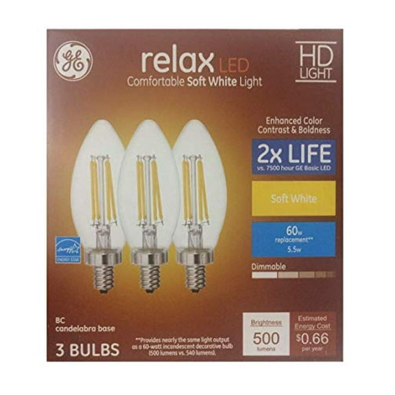 GE Relax 3-Pack 60 W Equivalent Dimmable Soft White BC B12 LED Light Fixture Light Bulb