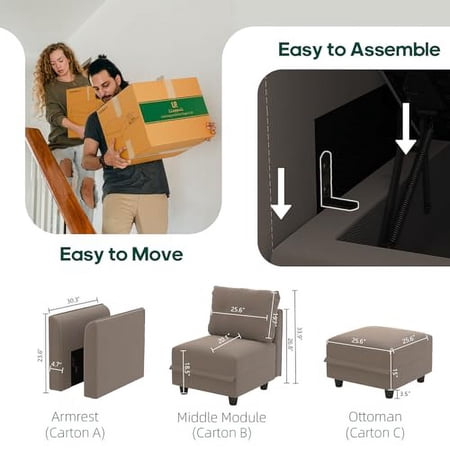 LLappuil Modular Sofa Pair of Side Armrest Module for Customize Modular Sectional Couch, Waterproof, Anti-Scratch and Antistatic Velvet Sectional, Grey Brown
