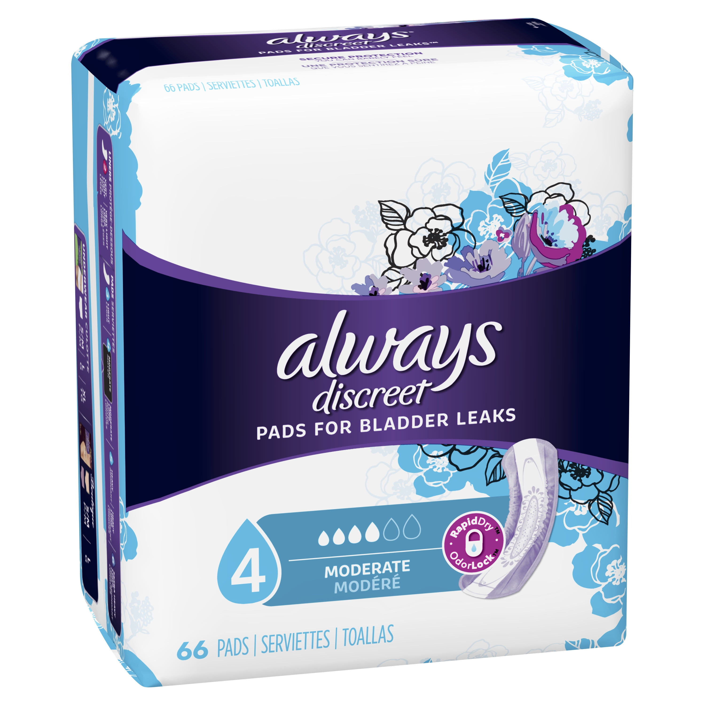 Always Discreet Moderate Absorbency Incontinence Pads, 66 ct