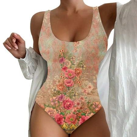Clearance! Yajing Women s One-Piece Swimsuits Spring/Summer Floral Print Cut Waist Bikini Set with Chest Topper S Gold