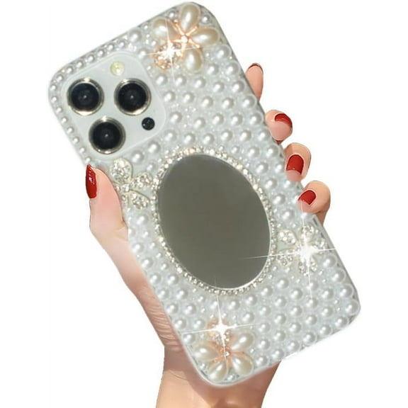 Compatible with iPhone 14 Pro Max Case for Women Girls Luxury 3D Bling Sparkle Glitter Rhinestone Diamond Crystal Pearl Gem Charm Handmade Pendant Handbag Flowers Soft Protective Case 6.7 inch