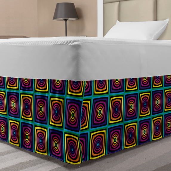 Abstract Bed Skirt, Modernistic Colorful Whirlpool Effect Nested Square and Circles Illustration, Elastic Bedskirt Dust Ruffle Wrap Around for Bedding Decor, 4 Sizes, Multicolor, by Ambesonne