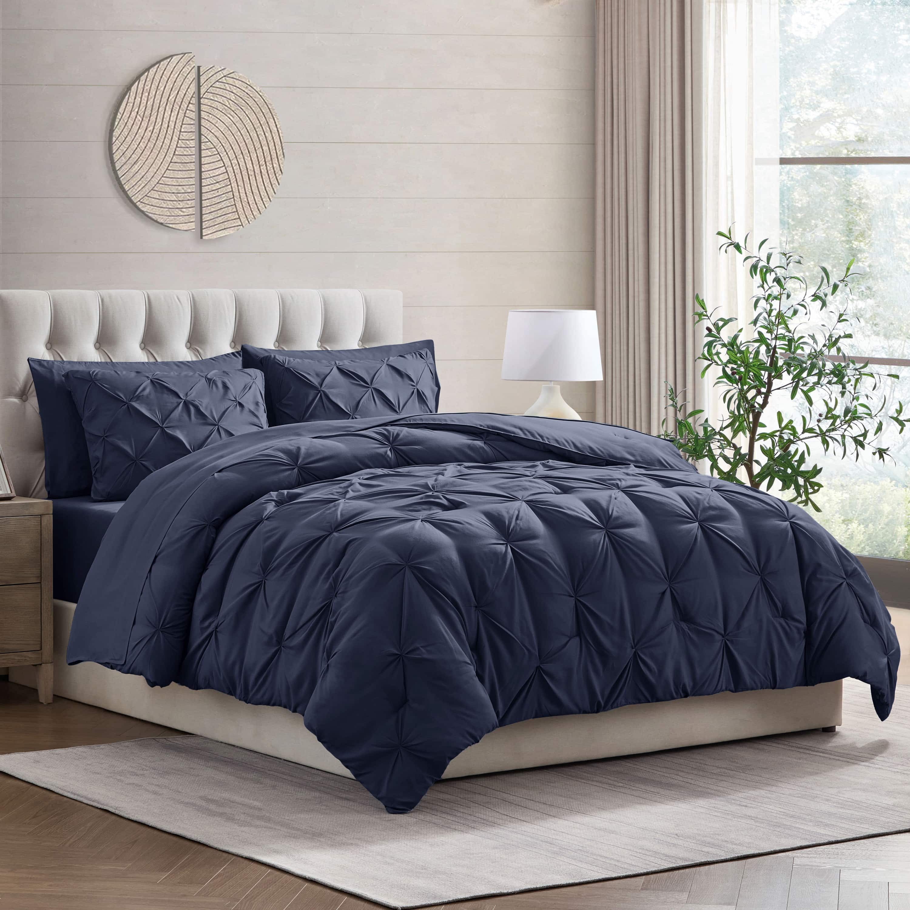 LammaLoe California King Size comforter Sets, 7 Piece Bed In A Bag Pintuck Bedding Sets, Navy