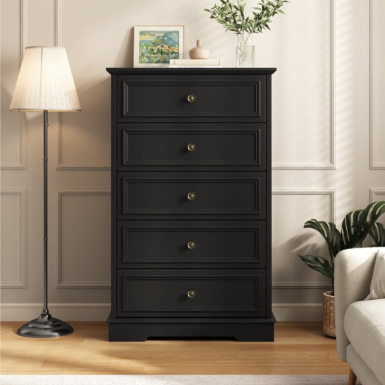 black dresser vintage 5 Drawer Dresser for Bedroom, Retro Wood Storage Cabinet with Antique Bronze Round Handles, Vintage Chest of Drawers with Solid Base for Living Room,