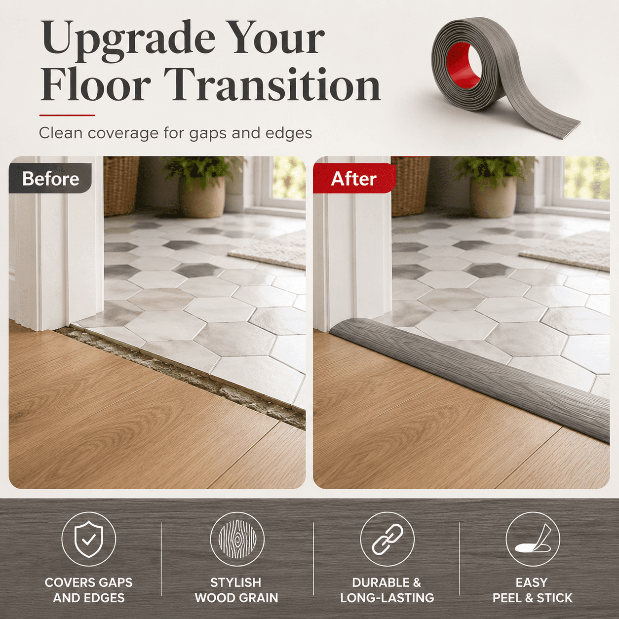 Yeslife 1 pc Self Adhesive Floor Transition Strip, 10 ft x 1.57 in, Gray Vinyl, Flexible Waterproof Gap Cover for Laminate, Tile and Carpet Flooring