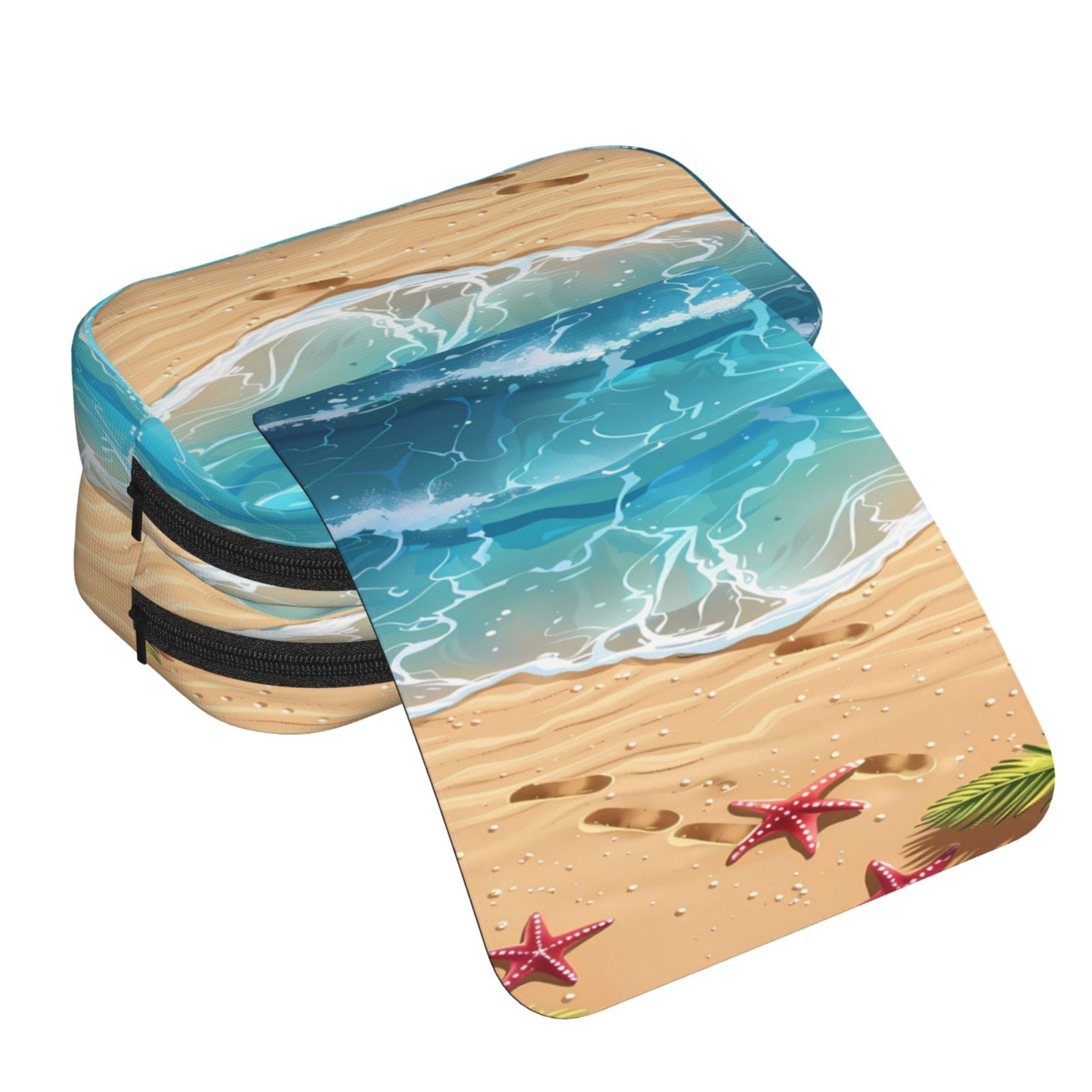 Rateoe Tropical Beach With Starfish Pattern Double Clamshell Pen Case, Storage Organizer with Two Zipper Compartments– Holds Up to 50 Pencils & Pens