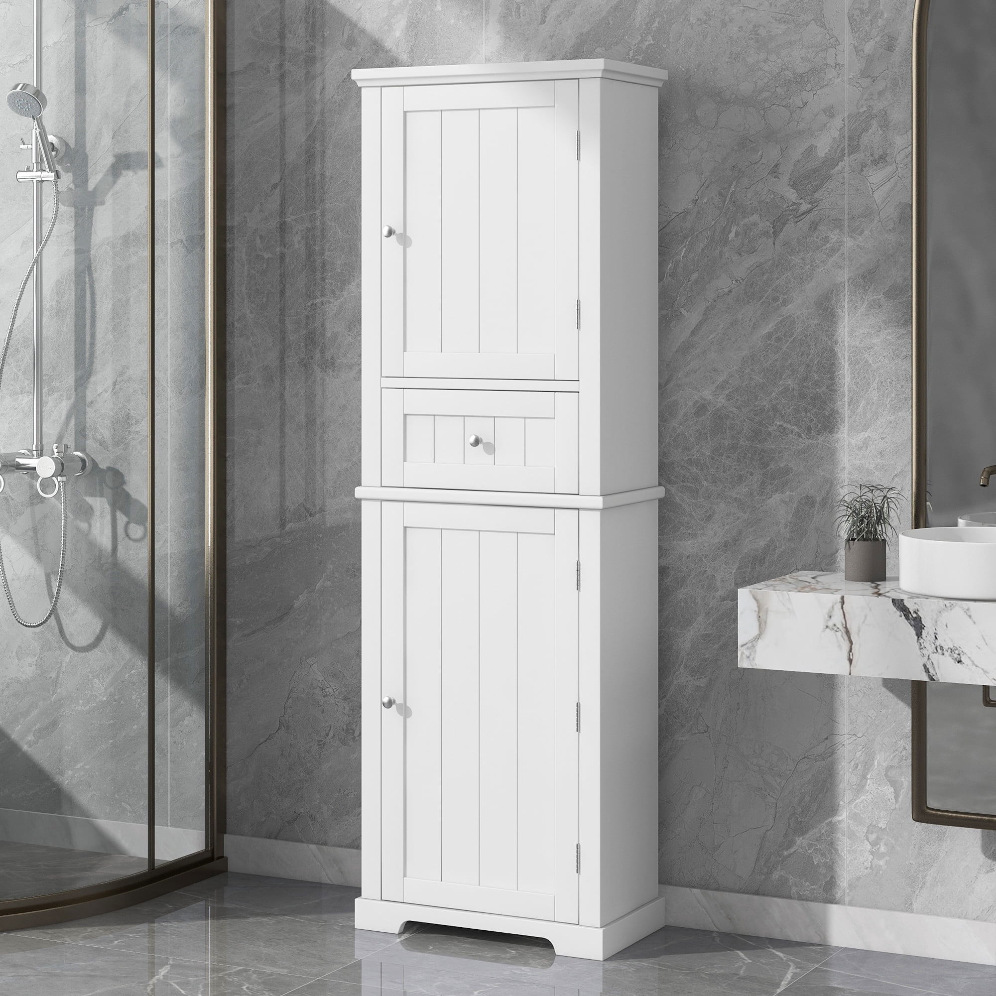 Euroco Tall Bathroom Storage Cabinet, Freestanding Storage Cabinet with Drawer and Adjustable Shelf, MDF Board with Painted Finish, White