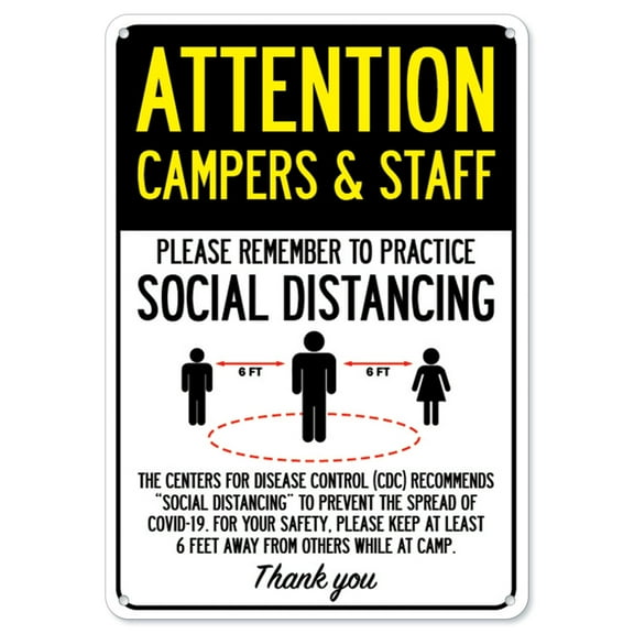 SignMission OS-NS-A-1014-25357 Covid-19 Notice Sign - Attention Campers & Staff Practice Social Distancing