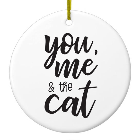 DistinctInk Hanging Ceramic Christmass Tree Ornament with Gold String - Great Gift / Present - 2 3/4 inch diameter - You, Me & the Cat