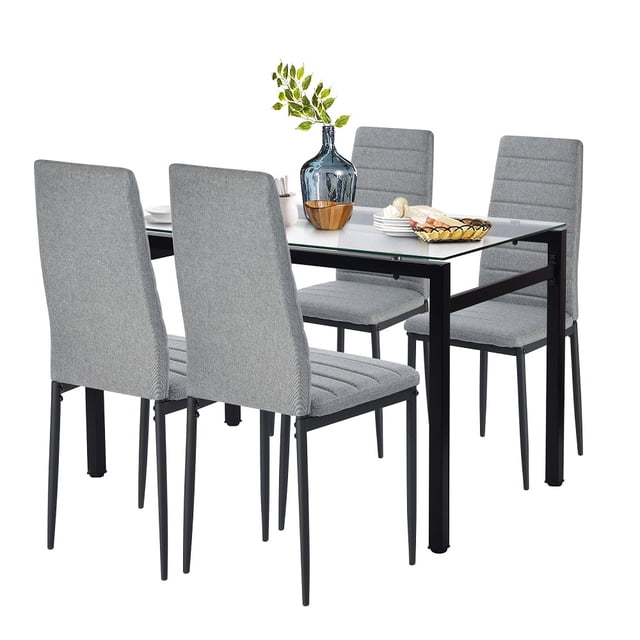 Comedor Homemake Furniture Mesa Transparente y 4 Sillas Gris