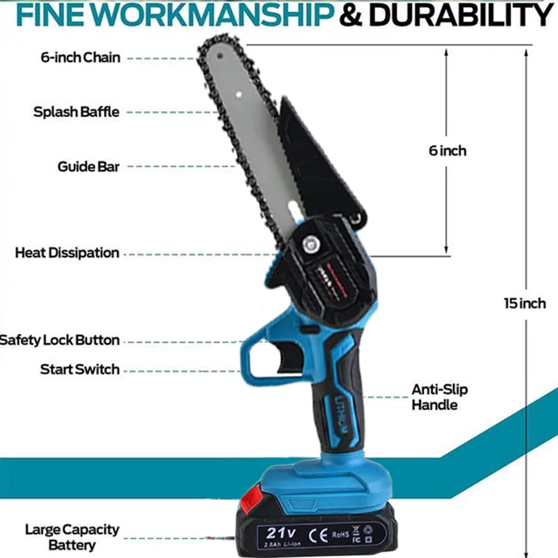 PRAXO 6" Mini Chainsaw Cordless with 2 Batteries 2 Chains, 6-inch Battery Powered Chain Saws Handheld Electric ChainSaw Cordless Battery Chainsaw Wood Cutter