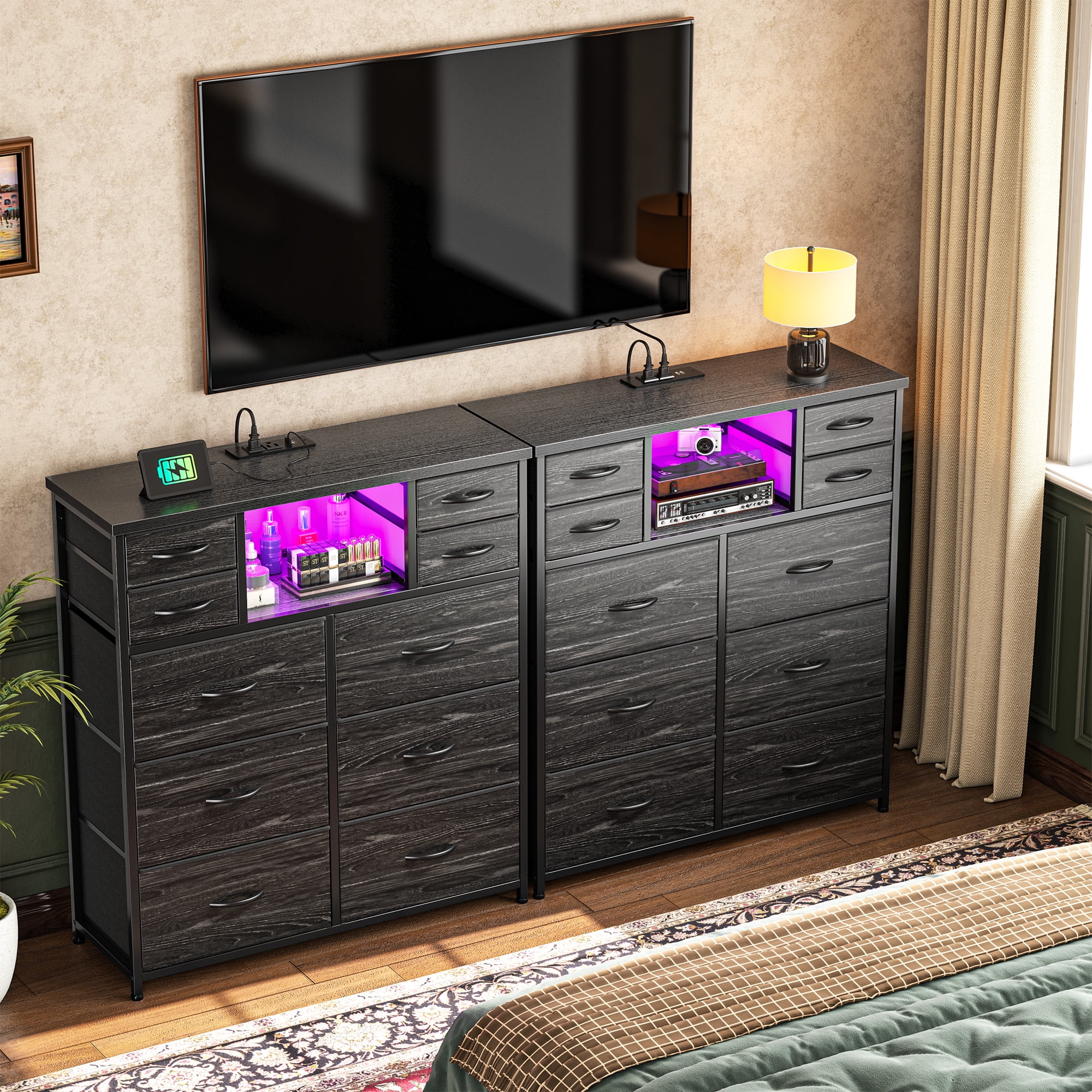 Romorgniz Tall Dresser for Bedroom with 10 Drawers Featuring LED Lights & Power Outlet Fabric Dressers & Chest of Drawers with Open Shelves, Black