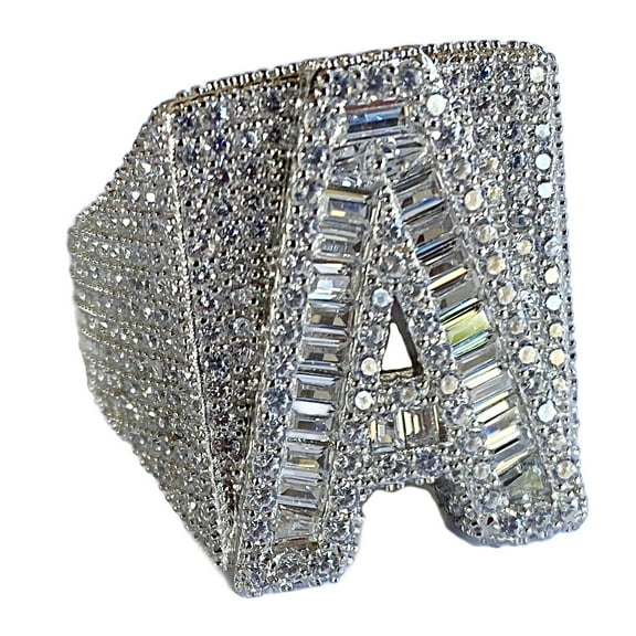 Men's Real Solid 925 Sterling Silver Initial Letter A Iced Baguette Flooded Out Big Hip Hop Ring Size 10