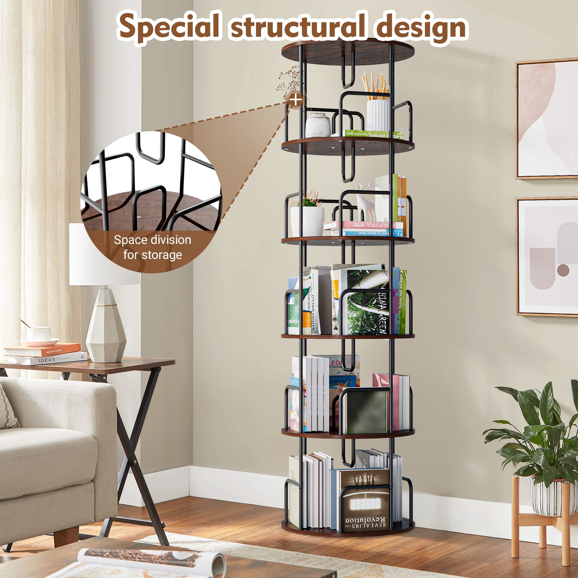 Leumius 5 Tier Rotating Bookshelf, Revolving 360 Book Shelf Narrow Tall Bookcase, Vertical Turning Round Storage Bookshelf for Bedroom, Living Room Walnut