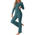 thumbnail image 4 of INSPIRE CHIC Women's Ribbed Knit Lounge Set Long Sleeves Top and Pants Pajama Sets Two Piece Matching Set L Peacock Blue, 4 of 6