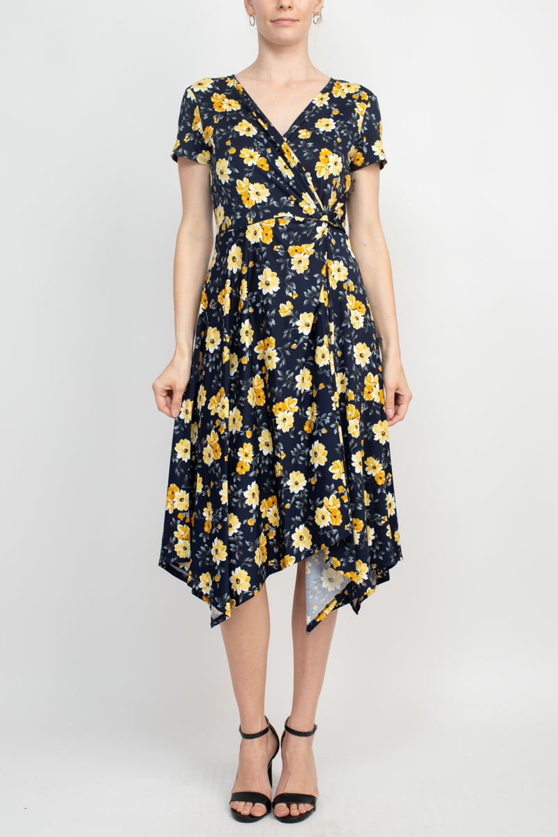 Perceptions Floral Print V Neck Dress with Short Sleeves and Gathered Side NAVY YELLOW M Walmart