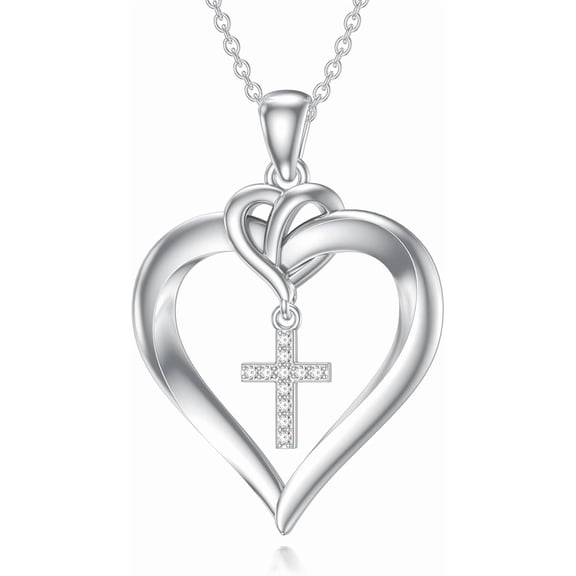 AOBOCO Diamond Heart Cross Necklace for Women Sterling Silver Cross Heart Pendant Necklace with Lab Grown Diamond Heart Jewelry Gifts for Her
