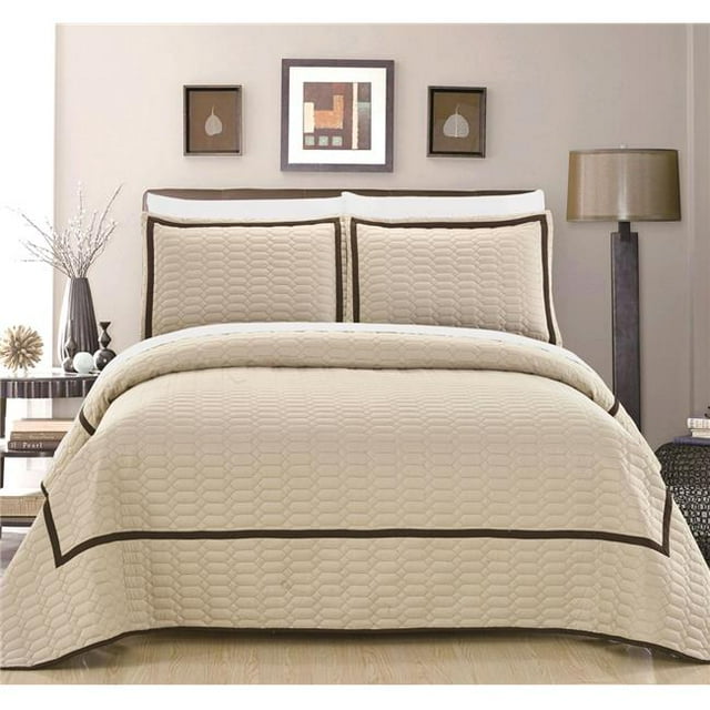 Chic Home QS4394-US 2 Piece Selby Hotel Collection 2 Tone Banded Quilted Geometrical Embroidered Twin Quilt Set, Beige
