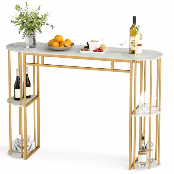 Furnibear 60 Inch Long Bar Table Narrow with Faux Marble Tabletop and Storage Shelves for Kitchen Dining Bar Bistro Pub Home Counter Height, White