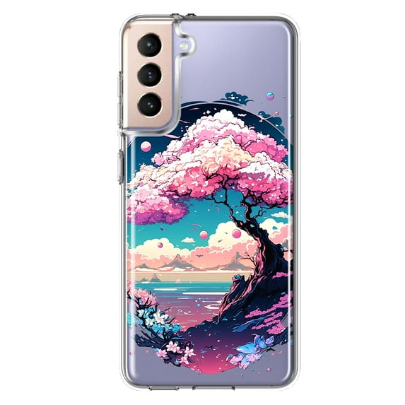 MUNDAZE Samsung Galaxy S22 Plus Shockproof Clear Hybrid Protective Phone Case Kawaii Manga Pink Cherry Blossom Japanese Sky Floral Ocean Cover