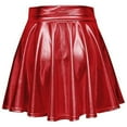 thumbnail image 4 of RYRJJ Women's Shiny Metallic Wet Look Stretchy Flared Mini Skater Skirt High Waisted Nightclub Party Pleated Skirts for Women(Red,S), 4 of 7