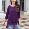 thumbnail image 3 of Women Casual Top Round Neck Three Quarter Sleeve Splicing Hem Pure Color Loose Fit Lady Pullover Top for Travel Daily Purple XL, 3 of 6