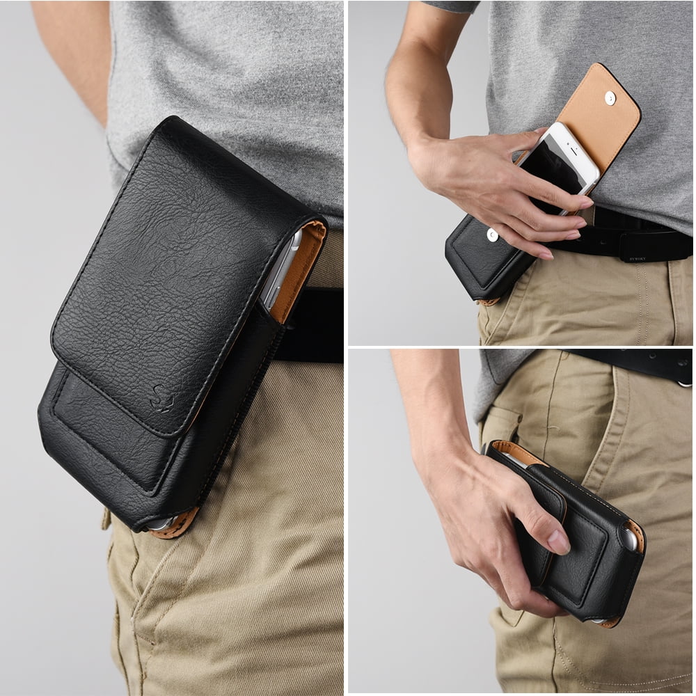 6.5-inch Vertical Black PU Leather Universal Cell Phone Holster Pouch with Belt Clip and Card Slots
