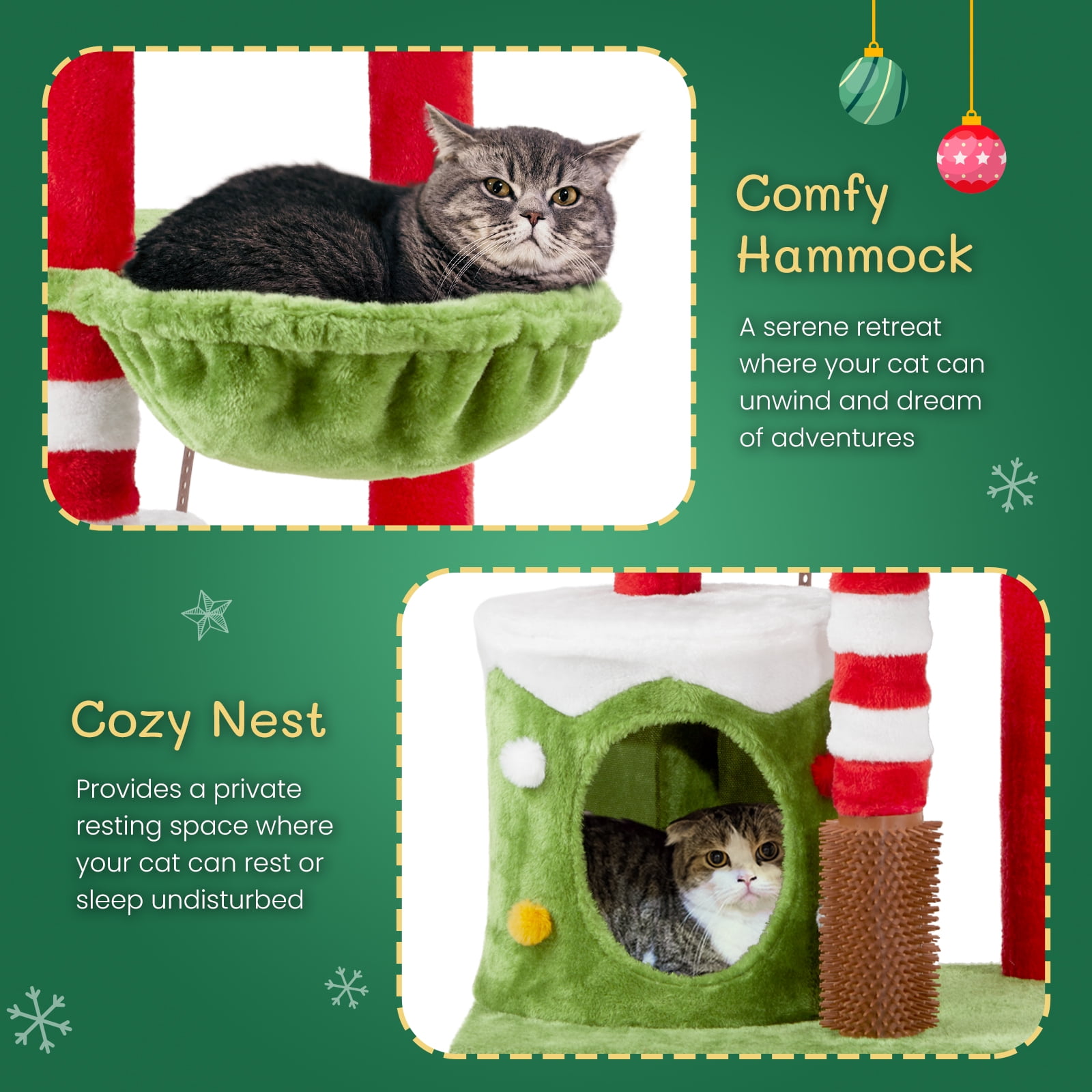 32in Christmas Themed Cat Scratching Post Tower 4-in-1 Holiday Cat Tree with Condo, Hammock Massage Brush Sturdy Anti-Tip Activity Center for Indoor Cats