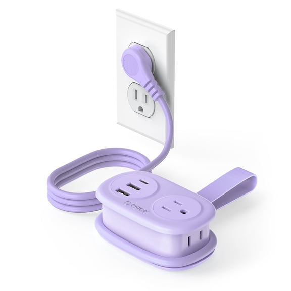 ORICO Pocket Power Strip for Travel, 5 in 1 Extension Cord with 2 AC Outlets 2 USB-A and 1 USB-C Ports, 3.7 ft Flat Plug Wrapped Around Power Strip for Cruise Office, Hotel, Home(Purple)