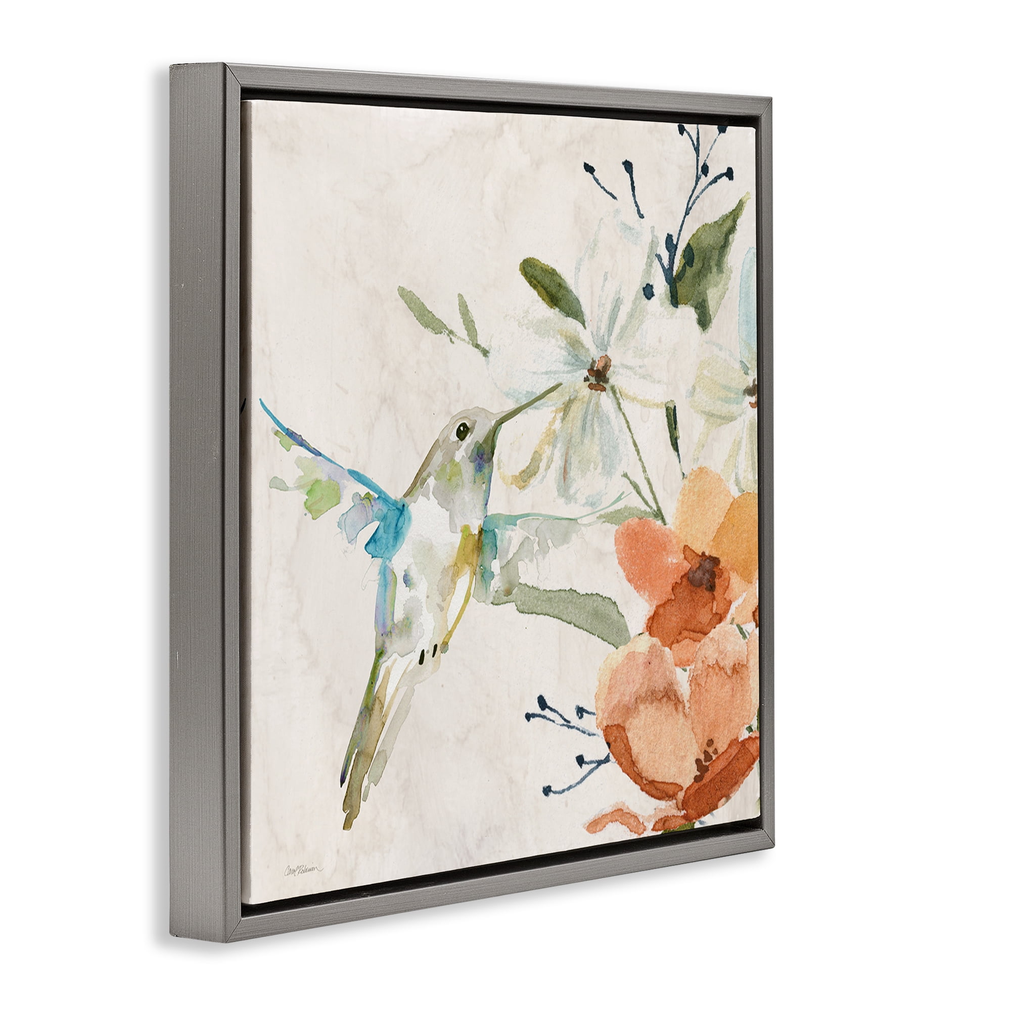 Stupell Industries Soft Florals & Hummingbird Plants & Flowers Painting Gray Floater Framed Canvas Art Print Wall Art, 25 x 25