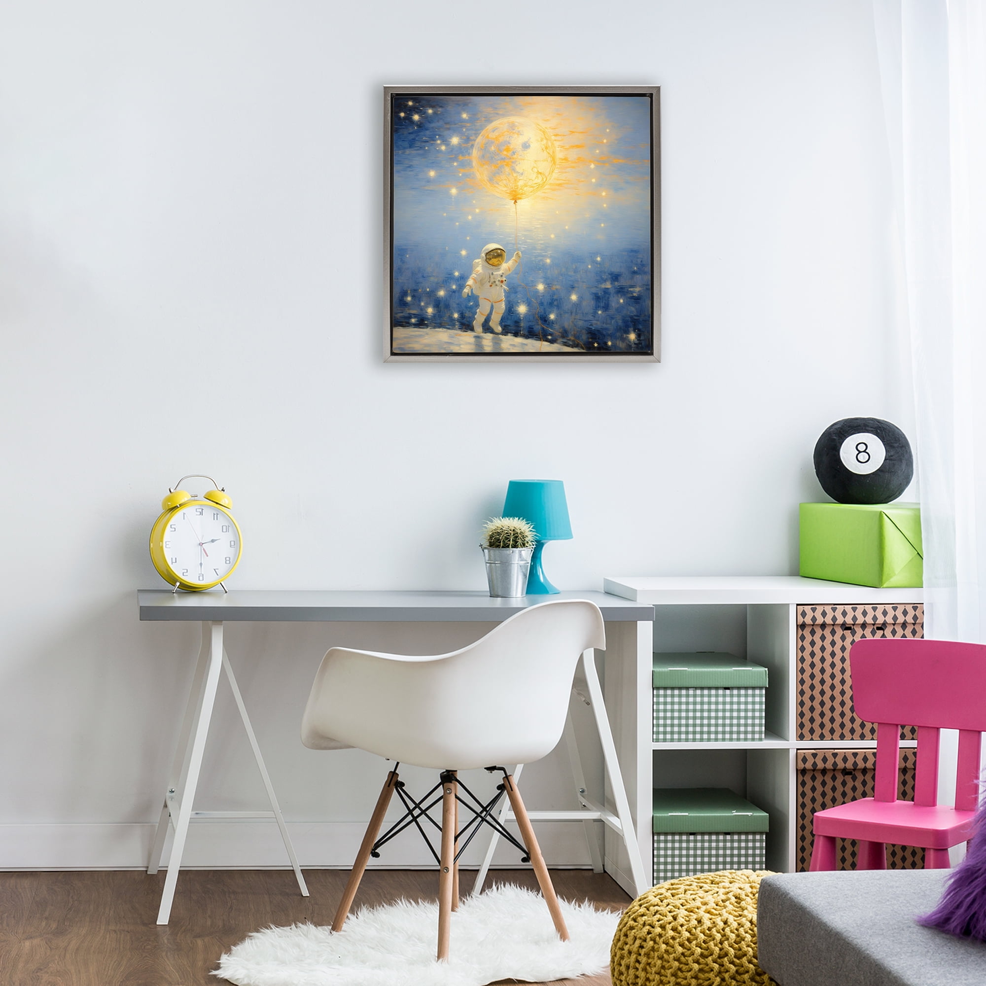 Astronaut with Dreamy Cosmic Balloon Gray Framed Floater Canvas Wall Art, design by Angie Hawke