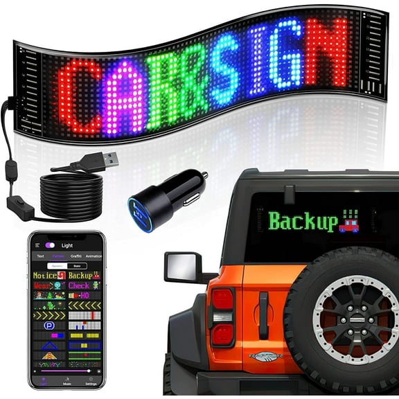 LED Car Sign, Programmable LED Matrix Panel FPCB Flexible Screen Display Animation Message Scrolling Sign APP Control for Cars, Shop, Bar, Party Festival 14.6"x3.6"