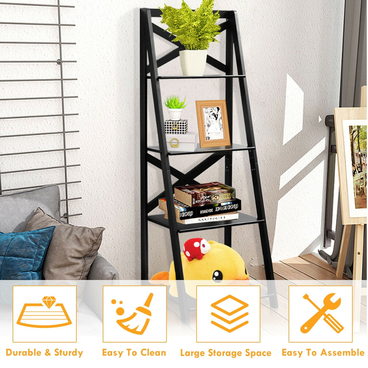 Costway 4-Tier Ladder Shelf Bookshelf Bookcase Storage Display Leaning Home Office Decor