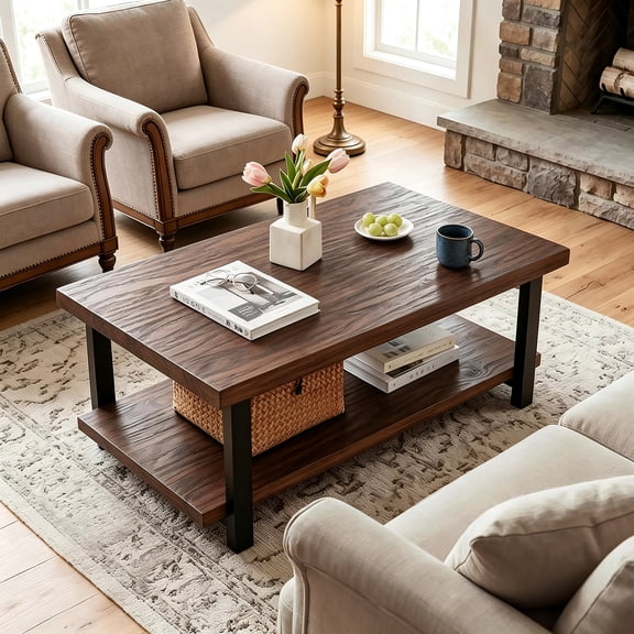 100% Solid Wood Coffee Table for Living Room, Rustic Rectangular Center Table with Open Storage Shelf, 2-Tier Industrial Wooden Table, Walnut, 41.7" W x24" D x 17.72" H