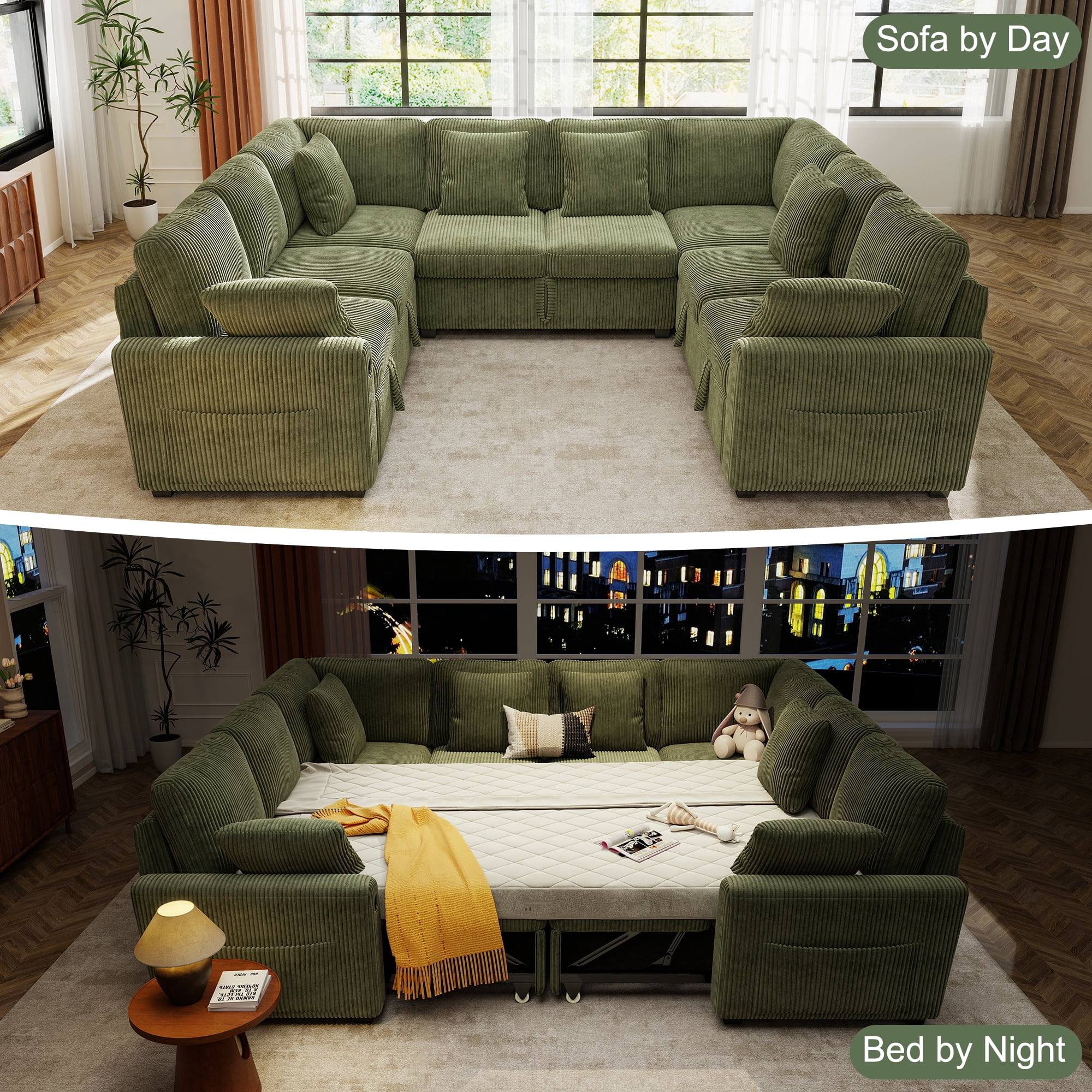 BedLuxury 110" Sectional Sleeper Sofa with Pull Out Bed, Storage Seat & USB Charging, U Shaped Modern Couch for Living Room, Corduroy Green