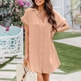 thumbnail image 4 of Summer Saving Wycnly Dresses for Women Beach Casual Button Down Lapel Loose Shirt Short Dresses V-Neck Short Sleeve Solid Summer Mini Formal Dress Coffee XL, 4 of 7