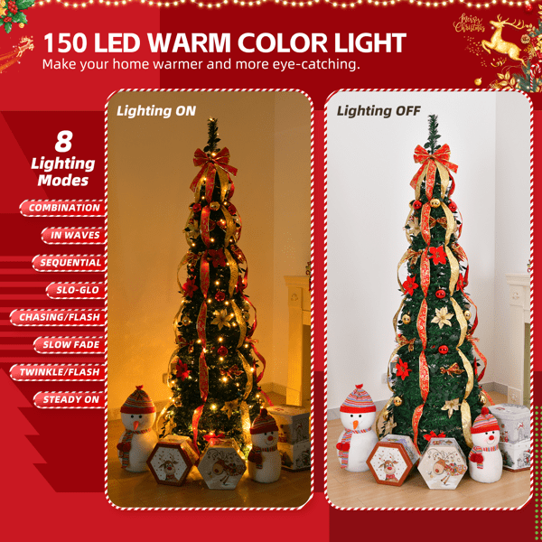 Alvantor 6 ft Fully Decorated Pre-Lit Pop-Up Christmas Tree with 150 Warm White LEDs, 8 Light Modes, Red and Gold Ornaments