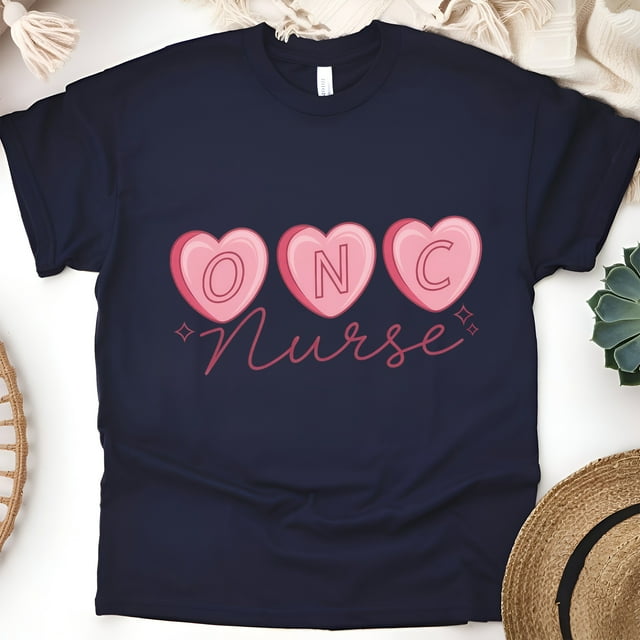 ONC Nurse Graphic T-Shirt with Pink Heart Letters Design, Navy, Size 2XL